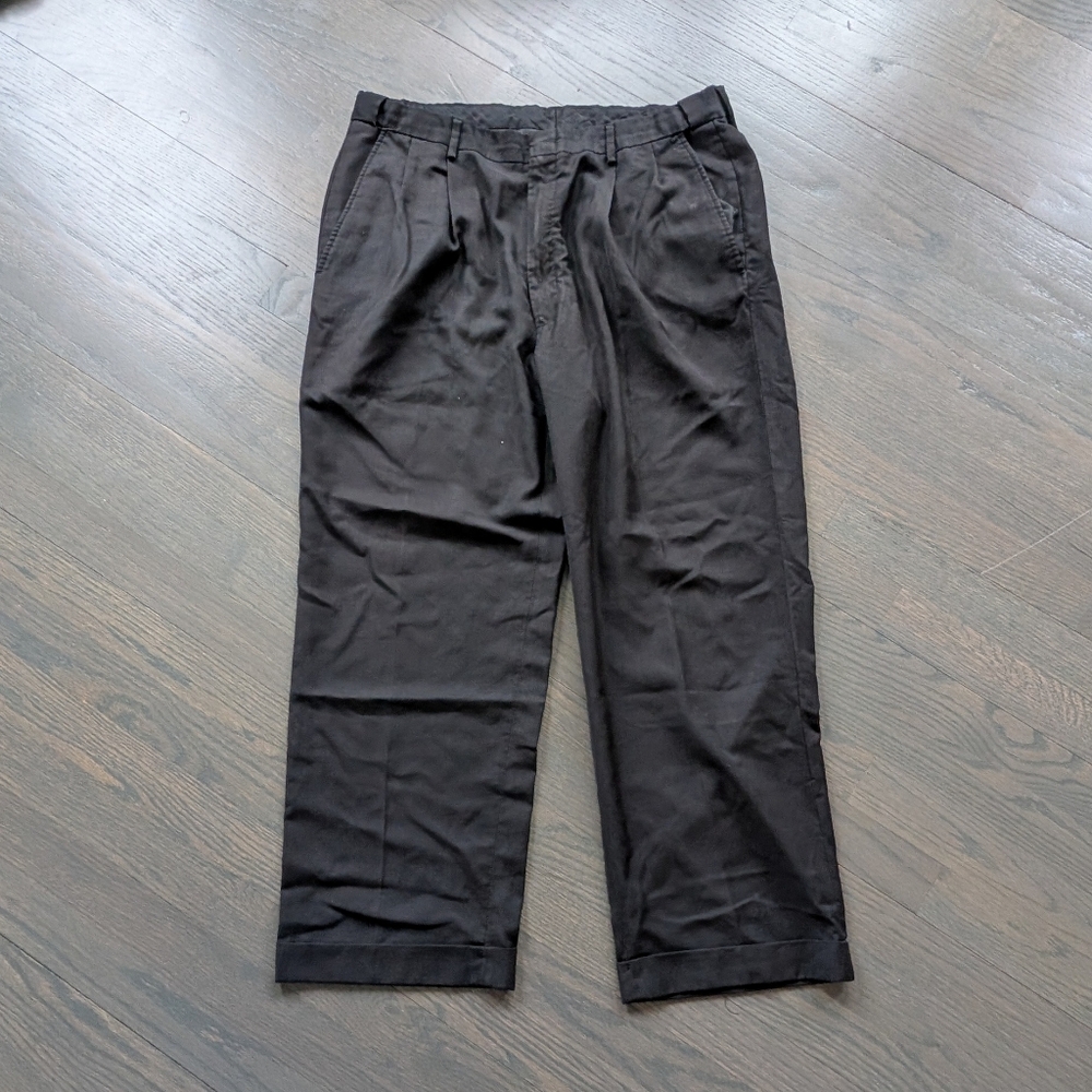 Haggar Black Pleated Dress Pants Cuffed Adjustable Waist No Size Tag